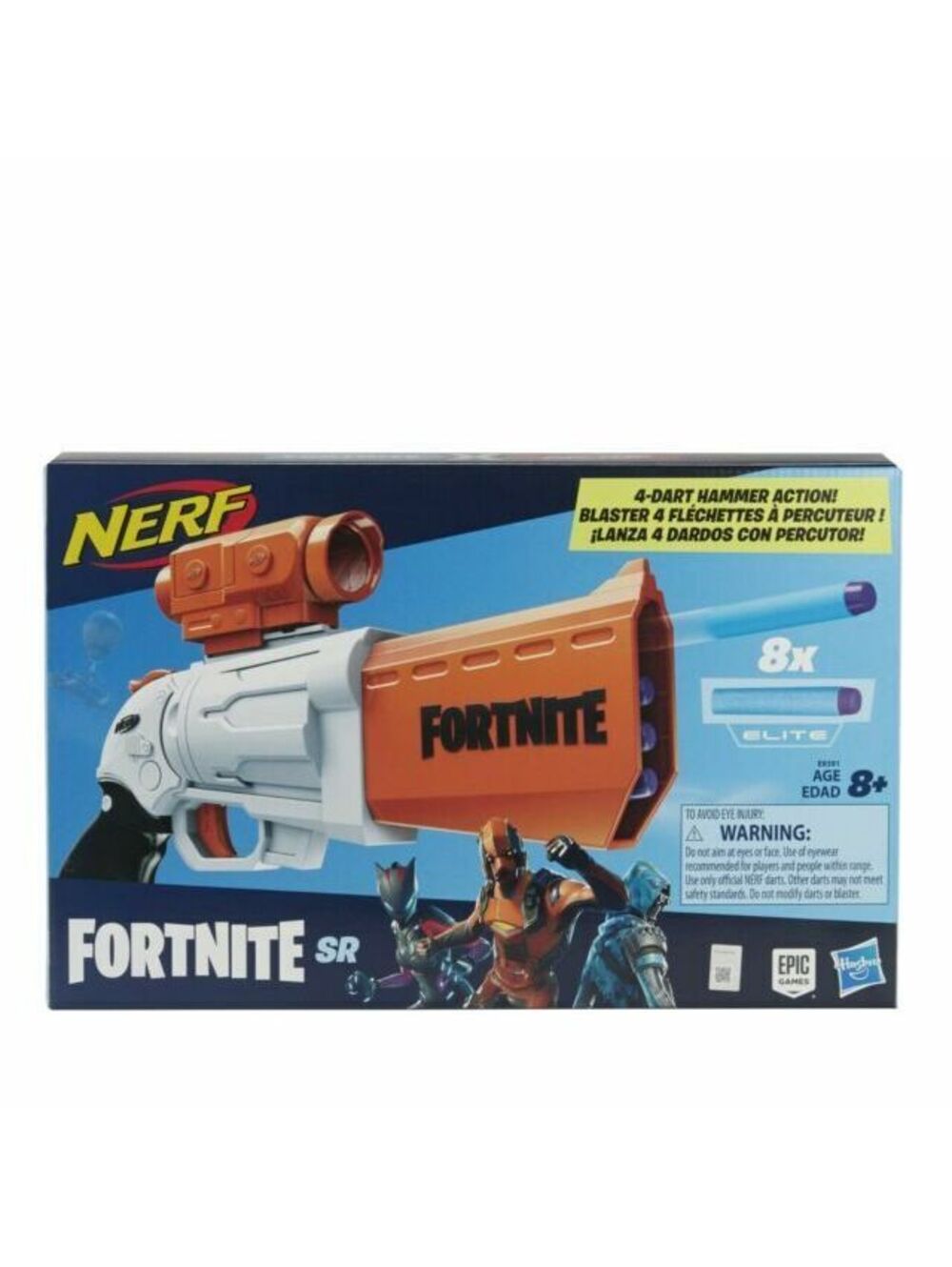 NERF Fortnite SR Blaster 4-Dart Hammer Action Removable Scope 8 Elite Darts
